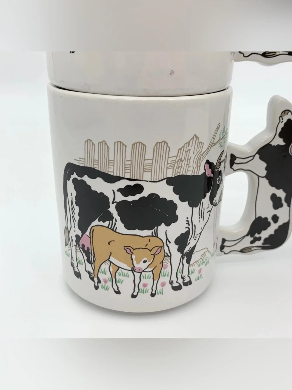 Vintage Enesco Cow Coffee Mug Cow-Shaped Handle FOUR {4} PIECE SET USED.